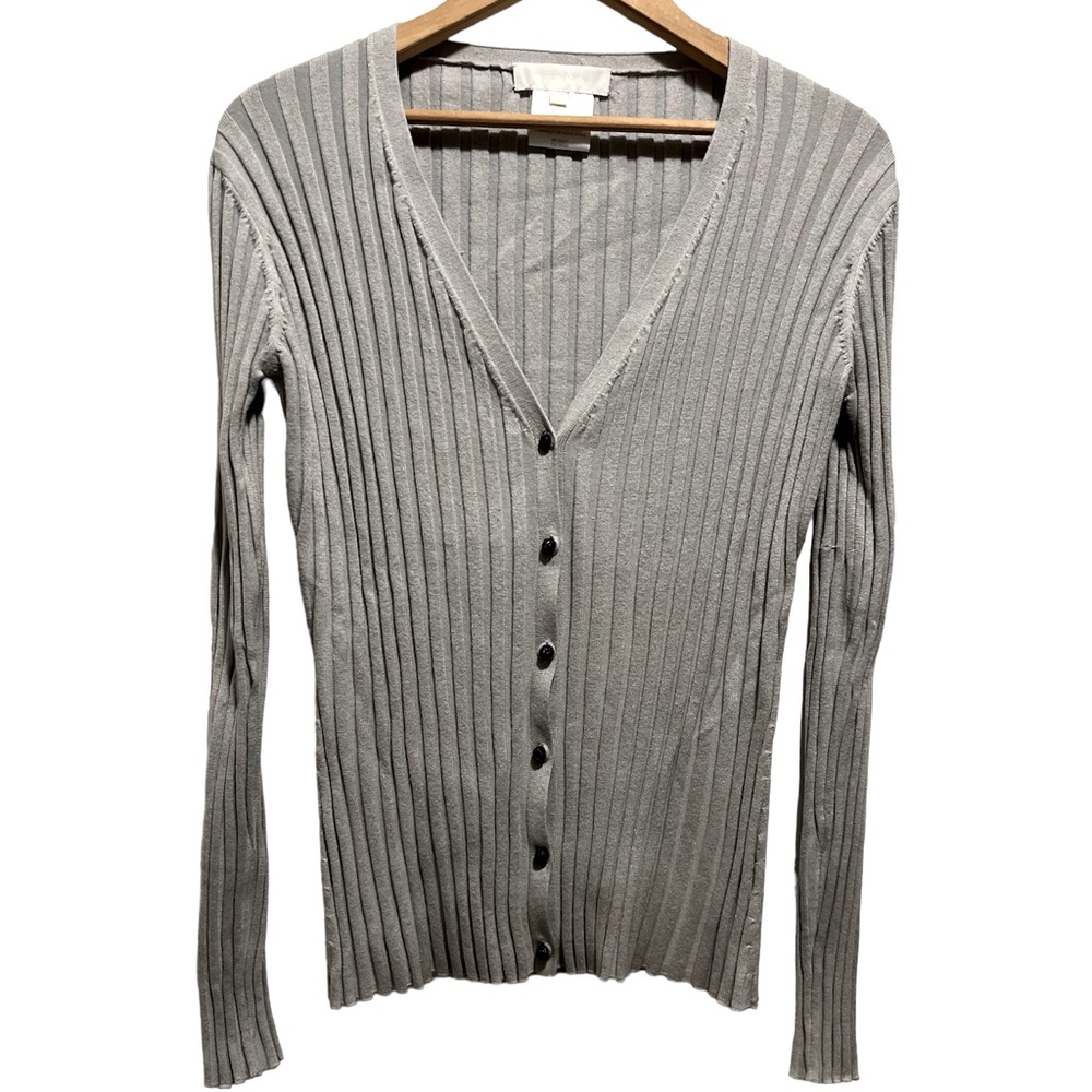 Gray Ribbed V-Neck Cardigan Sweater